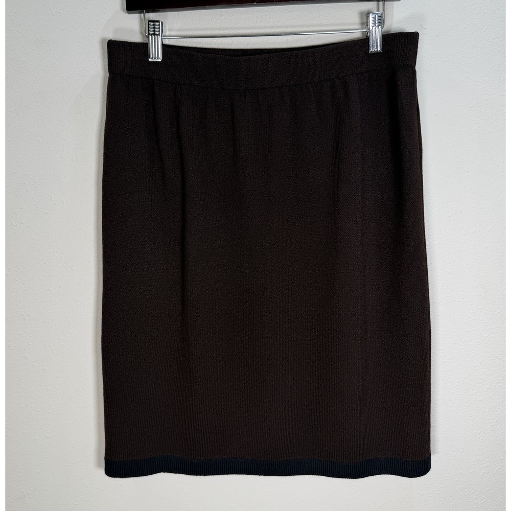 ST. JOHN Collection Skirt Womens Sz 14 Brown Santana Knit Black Trim Classic - Picture 2 of 7